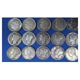 10 Mercury Dimes, 5 Roosevelt Dimes-90% Silver