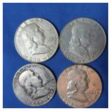4 Franklin Half Dollars-1951-S, 1960, 1962-D, 1963