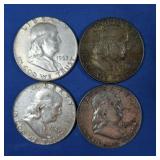 4 Franklin Half Dollars-1948, 1953-D, 1962,1963
