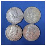 4 Franklin Half Dollars-1952, 1957-D, 1960, 1962