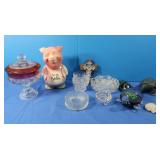 Ruby & Clear Glass Compote, Piggy Bank, Turtle