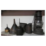 Antique Oil Cans, Funnels, Dietz Oil Lamp