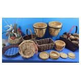 Basket Lot w/Pinecones, Plastic Flowers