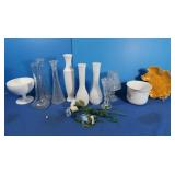 Milk Glass, Glass Vases, Porcelain Flowers & More