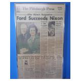 Framed 1974 Newspaper "Ford Succeeds Nixon" 15x24