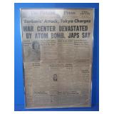 Framed 1945 Newspaper "Barbaric Attack" Aug