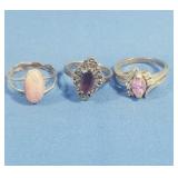 3 Sterling Rings w/Stones-Garnet,Marasite, CZ,