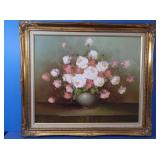 Vintage Floral Oil on Canvas-H Simpson, Framed