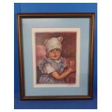 Signed Art of Girl w/Hat 15x17