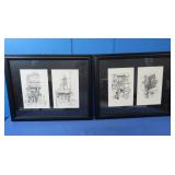 4 Framed Pen Drawings, London 1990-Signed, Each
