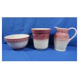 Longaberger Red & Cream Pitcher & Vase & Bowl
