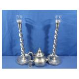 Metal Candlesticks, Pewter Teapot
