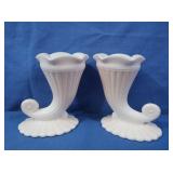 Pink Milk Glass Horn of Plenty Pair
