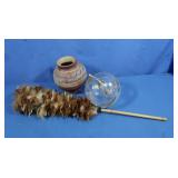 Glass Globe 7"t, Pottery Vase 6wx7"t, Feather