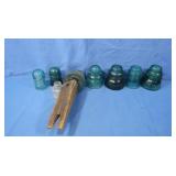 Blue Glass Insulators, 1 w/Wood Attached