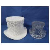 2 Vintage Glass Top Hats-Clear "Crystal", Milk