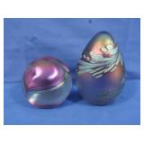 2 Iridescent Glass Paperweights-artists signed &