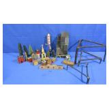 3 Iron Stands & Painted Wooden Houses