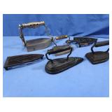 4 Antique Irons incl Hewitt Combination Iron & 2