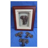 Wooden Framed Shadow Box w/Elephant, 3 Cast Iron