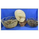 3 Wicker/Wood Baskets, Straw Hats