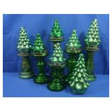 Green Glass Christmas Trees w/Candle Stands
