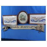 3 Framed Needlepoints & 1 Banner