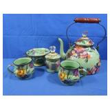 Mackenzie Childs Enamel Teapot, Sugar Dish,