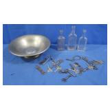 3 Small Glass Tincture Bottles, Keys, Metal Bowl