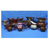 Antique Copper Luster Pitchers, Cups