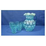 Antique Fenton Blue Opalescent Coin Spot Pitcher