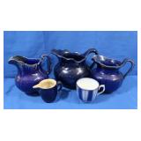 Vintage Blue Pitchers w/Gold Tray, Small Creamer