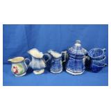 Blue & White Stoneware Covered Sugar, Creamer,