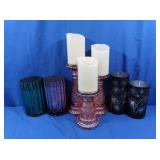 Glass Candle Stands, 4 Glass Vases w/Lights,