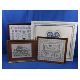 3 Framed Cross Stitch-Rabbits & Hearts 23x21"