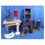 Copper Pitchers, Pottery Vase, Stool, Wood Shelf