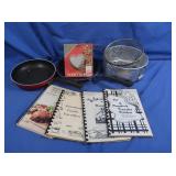 2 Skillets, 2 Strainers, Cookbooks