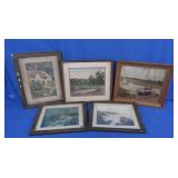 5 Vintage Signed Prints 11.5x9" to 13.5" to 10.5"
