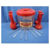 Red Plastic Vases, Glass Test Tubes