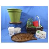 Flower Pots, Small Wire & Wood Table, Basket