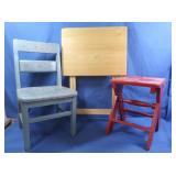 Childs Wood Chair, Stool, Wooden Folding Tray