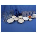 Cobalt Candlesticks, Ceramic Bowls, Clear Glass