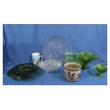 Vint.Green Glassware, Tray, Crock, Mug, Candy dish