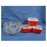 3 Vintage Pyrex Primary Red w/Lids 0501, Cut