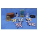 Antique Brass Cowbell, Ceramic Butterflies, Music
