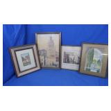 3 Vintage Watercolor Pictures, 1 Framed Print