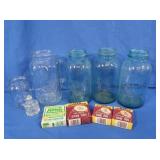 3 Jars-Vintage Blue Mason, Vintage Canning Lids &