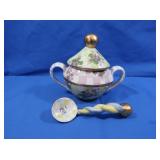 Handpainted Sugar Bowl Pottery w/Spoon-1980s orig