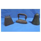 Antique Sad Iron, Cow Bell, Reg. Bell