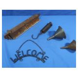 2 Antique Metal Scales, Funnels & more